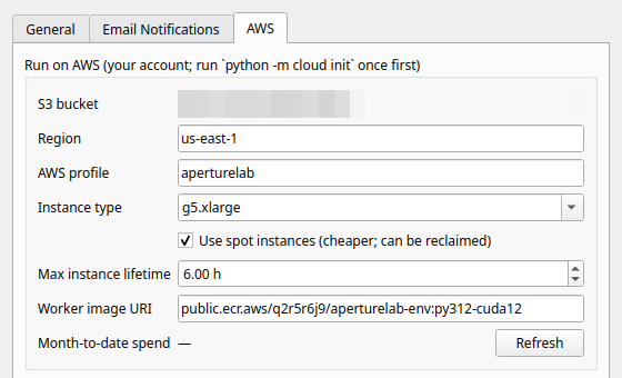 ApertureLab AWS tab: job list with per-job status and live cost estimates, and a month-to-date account spend readout behind a Refresh button