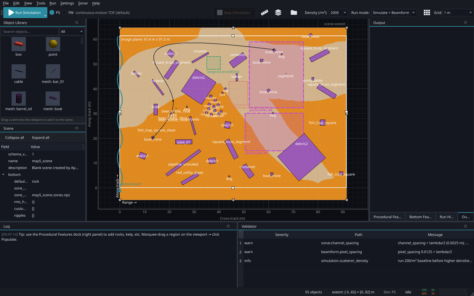 ApertureLab scene editor showing 2D viewport with zone map, objects, and sonar track