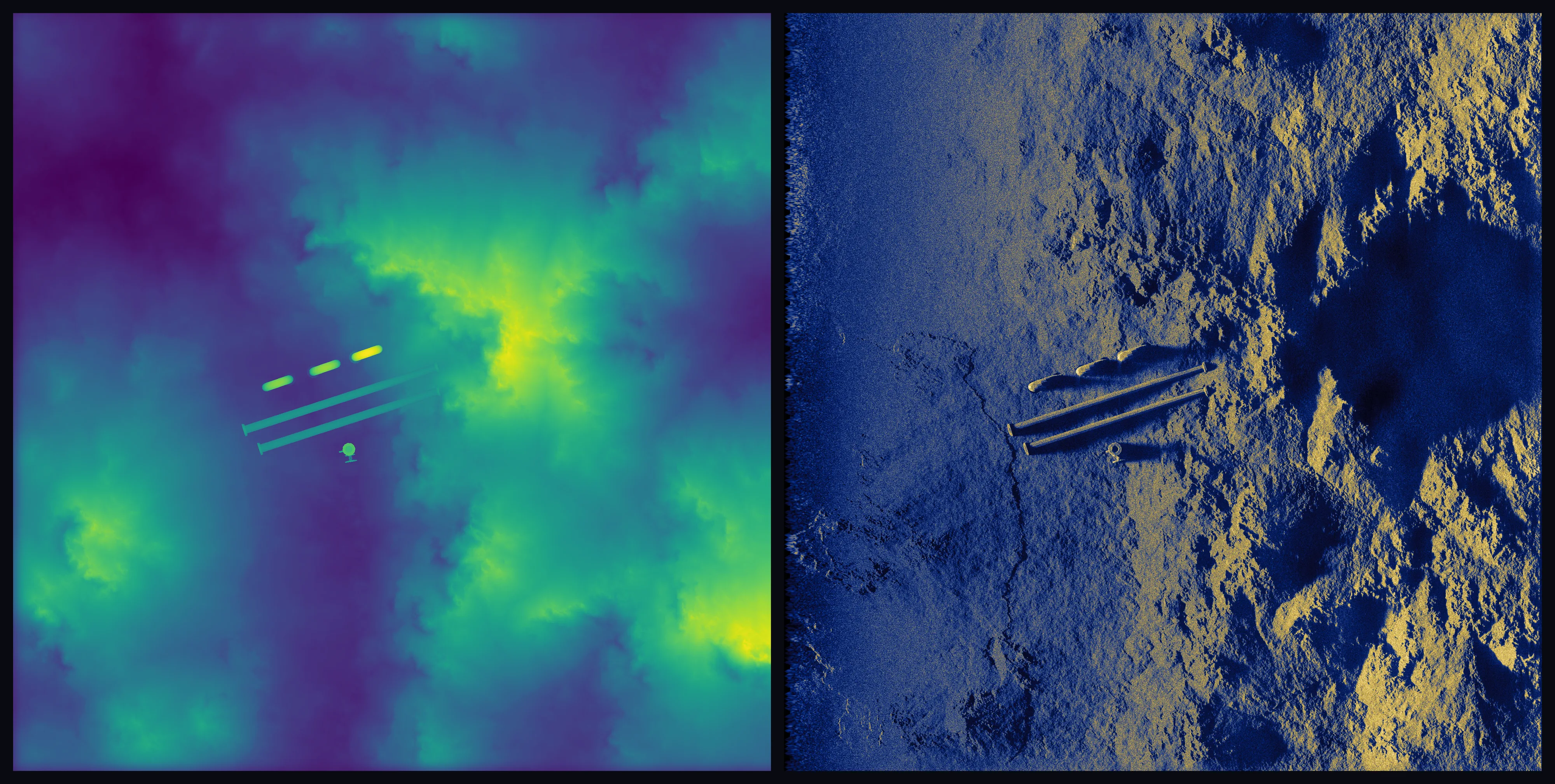 Two square panels side by side. Left: a shaded top-down view of a Blender scene, a hilly seabed with two long parallel pipe runs, three shorter pipe segments and a small upright object. Right: the synthetic aperture sonar image of the same scene, in blue and yellow, where slopes facing the sonar are bright and the ground behind relief is in shadow; the pipes and the small object sit in the same places as in the model.