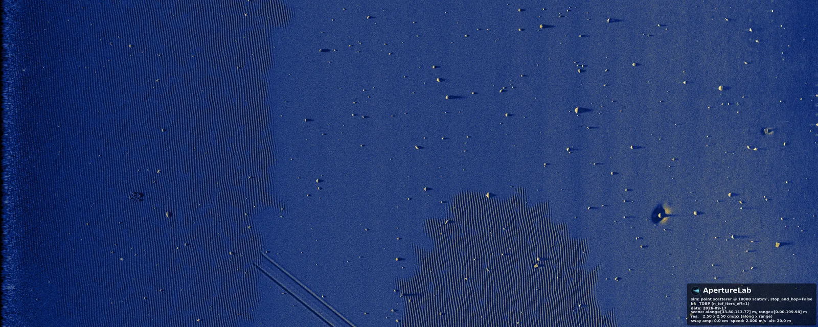 Rippled sand swath with trawl scars and rock clutter