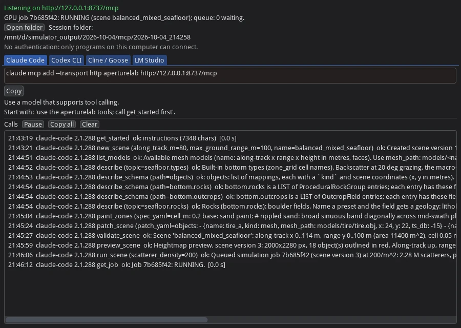 The ApertureLab MCP Server window: a green status line with the server address, a GPU status line showing a pilot job running, the session folder with an Open folder button, tabs of connection settings for Claude Code, Codex CLI, Cline and Goose, and LM Studio with a Copy button, and a call log of a Claude Code session from get_started through paint_zones, patch_scene, validate_scene and preview_scene to run_scene