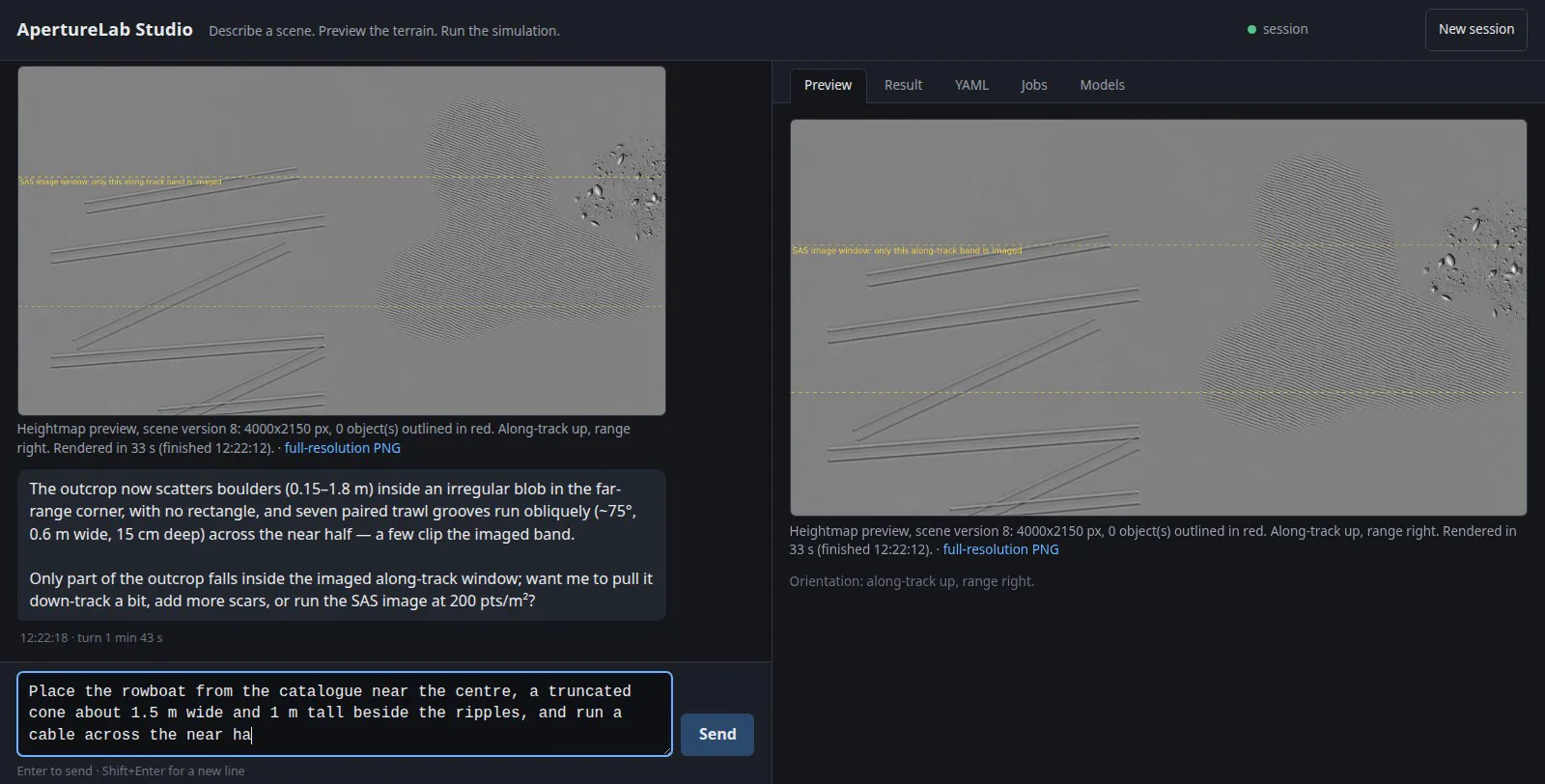 The Studio interface: a conversation on the left where the agent describes boulders and trawl grooves it has placed, and a heightmap preview on the right with a dashed line marking the along-track band the sonar will image