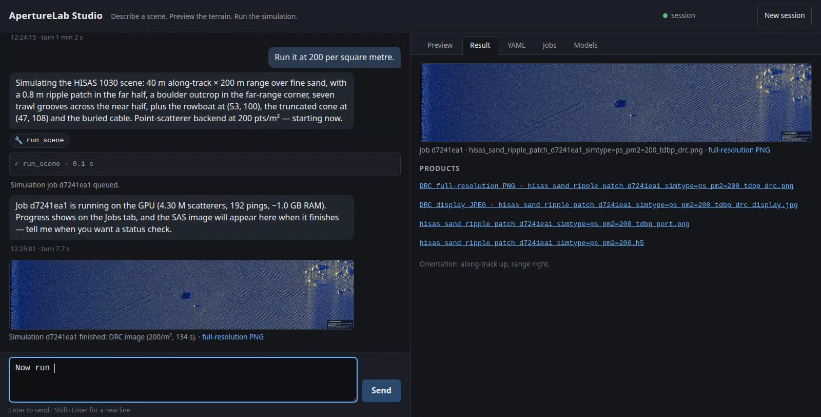 Studio showing a finished synthetic aperture sonar image of a rippled seafloor with objects, alongside a product list offering full-resolution PNG, display JPEG, port image and HDF5 downloads