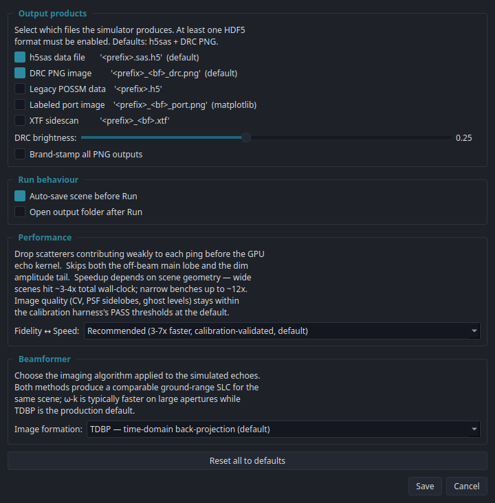 Preferences — output products (HDF5, XTF, DRC PNG), runner settings, beamformer defaults.
