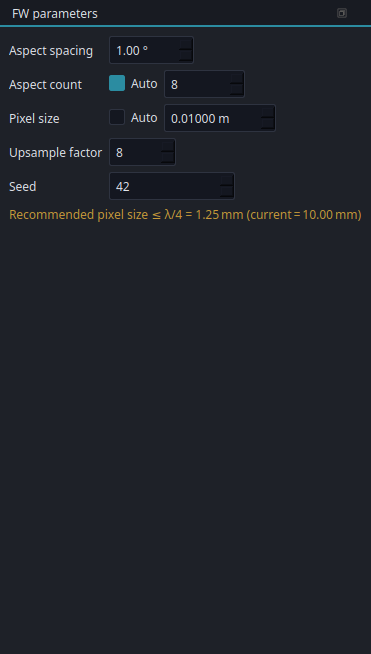 Fourier-Wavefield parameters — aspect spacing, pixel size, upsample factor (visible only for the FW backend).