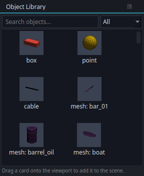 Object Library — drag-and-drop tiles for boxes, cylinders, points, cables, and imported mesh models.