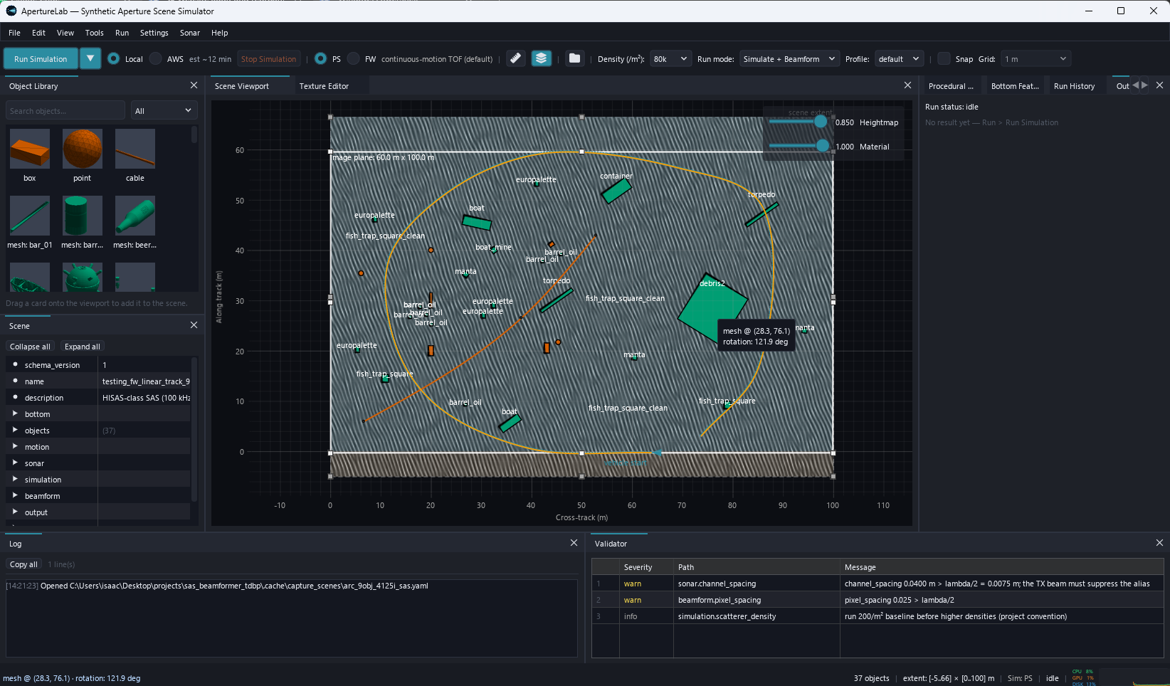 The ApertureLab workbench: scene tree, 2D viewport, object library, validator, and log, all docked in one window.