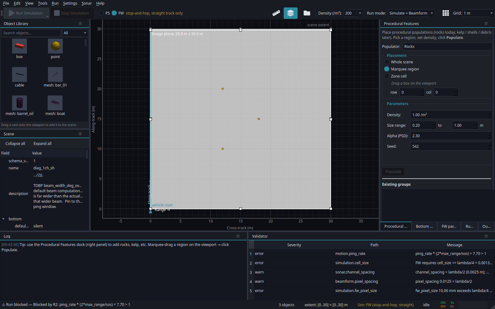 ApertureLab main window — scene tree, viewport, object library, and log dock.