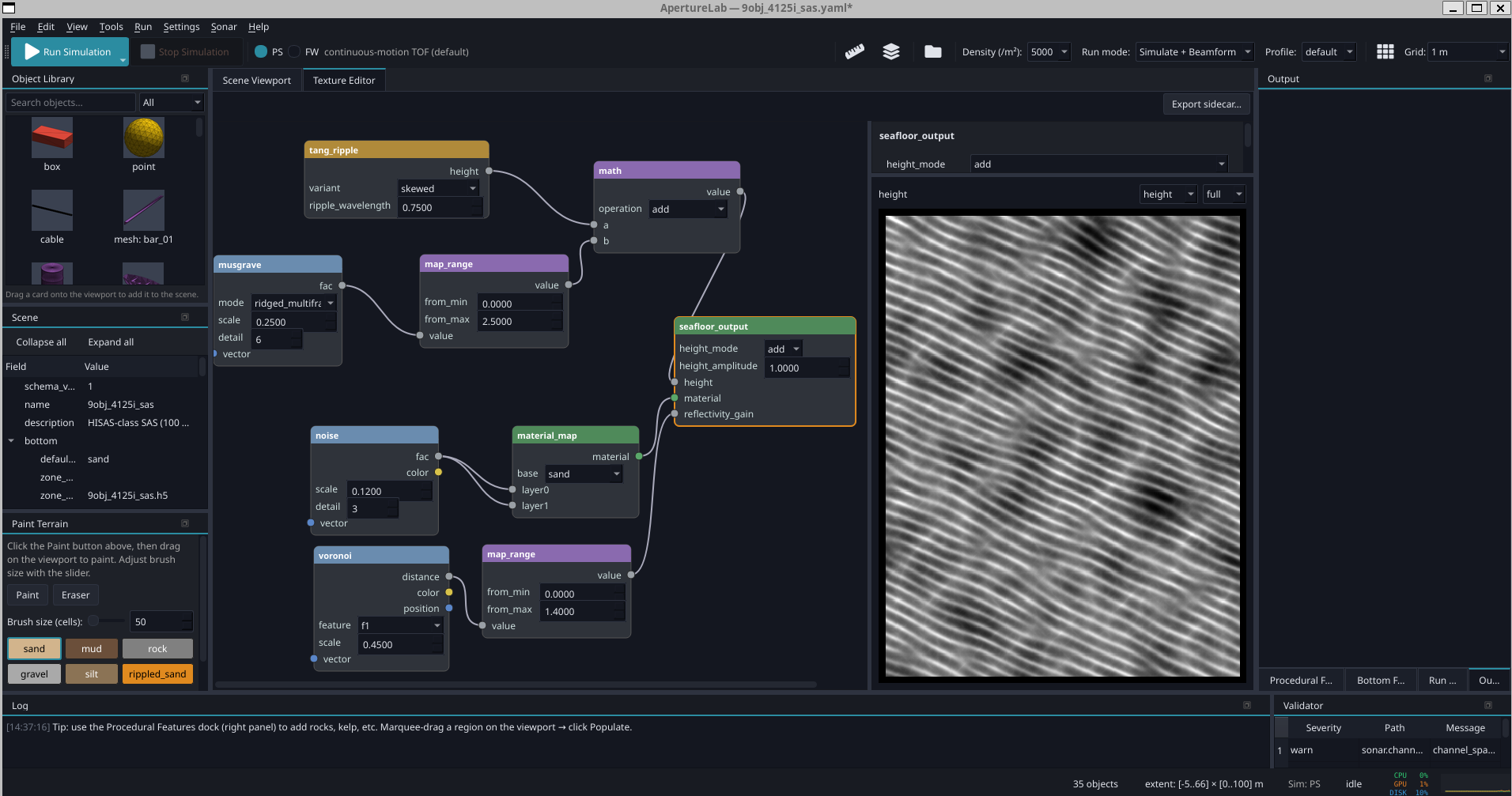 ApertureLab Texture Editor: a node graph wiring ripple, multifractal, noise, and Voronoi generators into the seafloor output, with a live preview of the resulting rippled height field